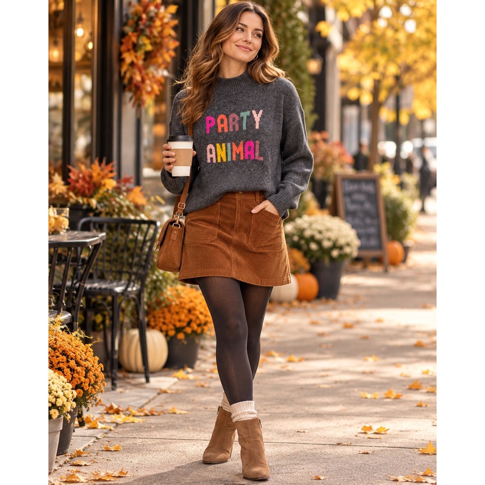 Women Medium Gray Party Animal Graphic Sweater Mock Neck Cozy Dopamine Knit